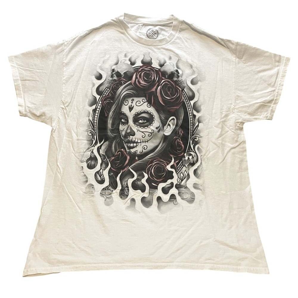 Y2K ODM Shirt Mens Extra Large Day‎ of Dead Fire Skull Gothcore White